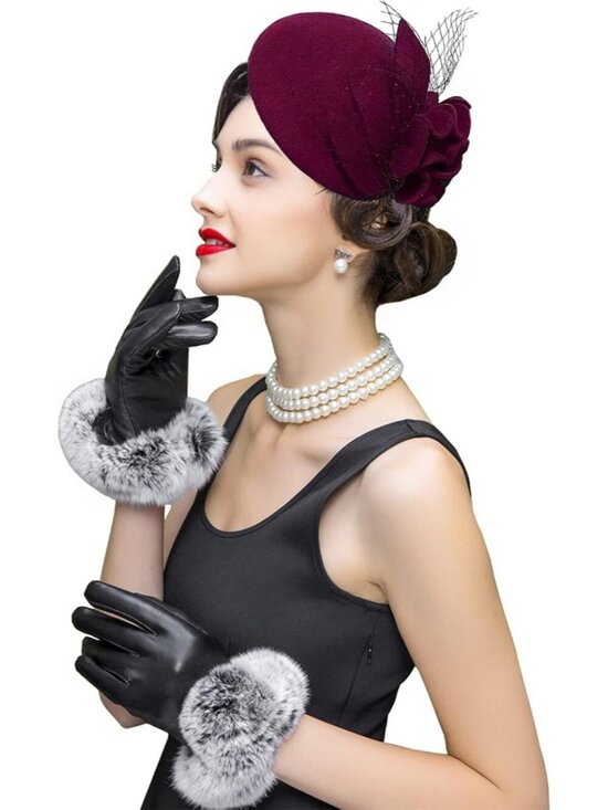 Women\'s Vintage 100% Wool Felt Cloche Bucket Bowler Hat Winter Vintage Bow Wine